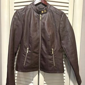 Women's Baccini Brown Vegan Leather Long Sleeve Moto Jacket